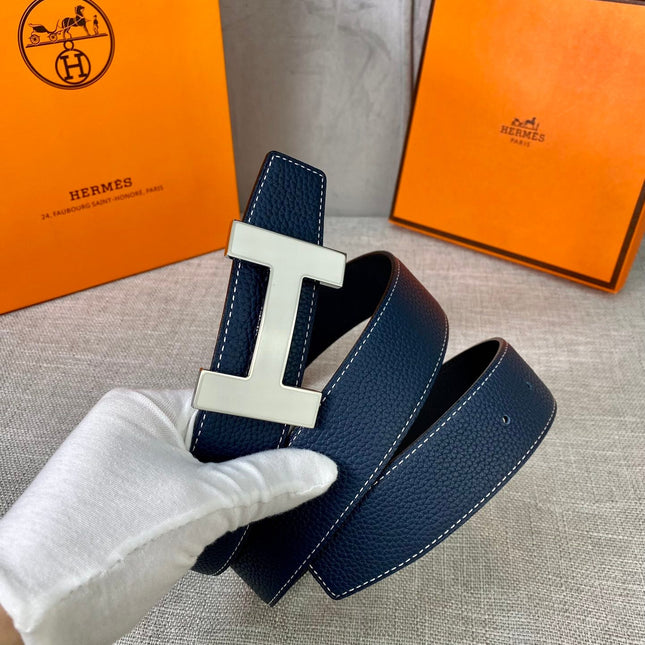 HM CONSTANCE BELT BUCKLE & REVERSIBLE NAVY BLUE LEATHER STRAP 38MM SILVER HARDWARE