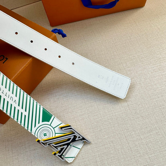 BELT IMPRINT 40MM REVERSIBLE IN WHITE AND GREEN DIAGONAL EMBOSSED CALFSKIN WITH SILVER AND BLACK BUCKLE
