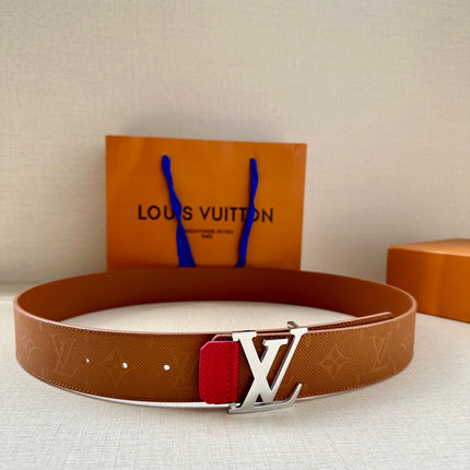 BELT 40MM REVERSIBLE IN BROWN RED MONOGRAM SHADOW CALFSKIN WITH SILVER LV BUCKLE