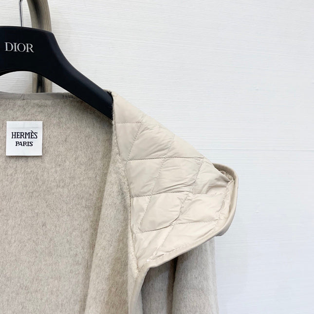 HERMES 25S KNIT HOODED COAT WITH SHEARLING TRIM 216