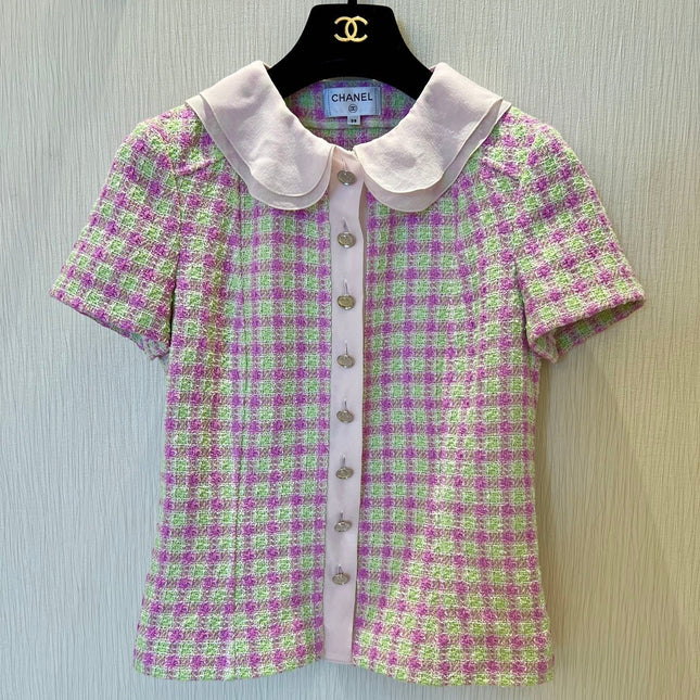CC 25 Doll Collar Top Pink Green Tweed Fabric