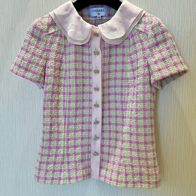 CC 25 Doll Collar Top Pink Green Tweed Fabric