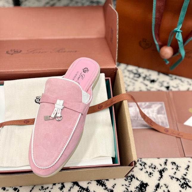Loro Piana Pink Suede Charms Walk Flat Mules