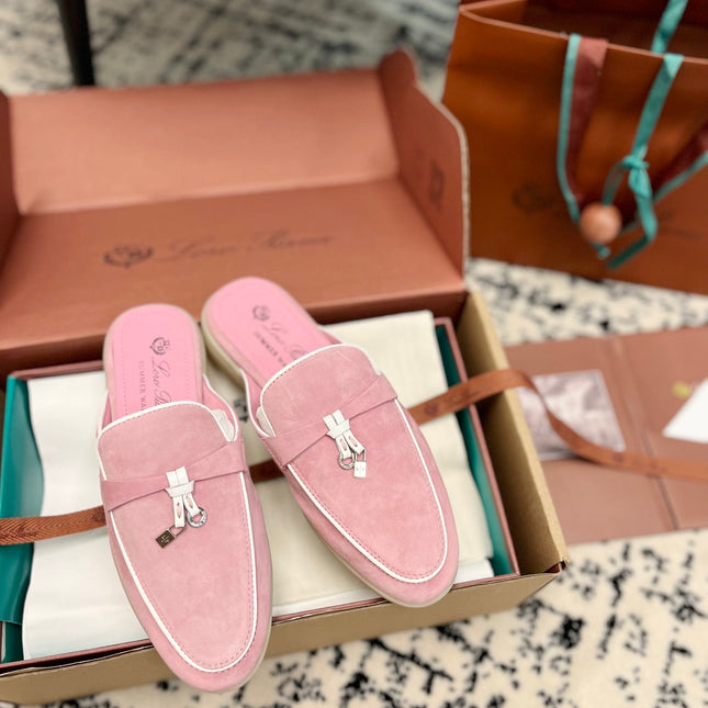 Loro Piana Pink Suede Charms Walk Flat Mules