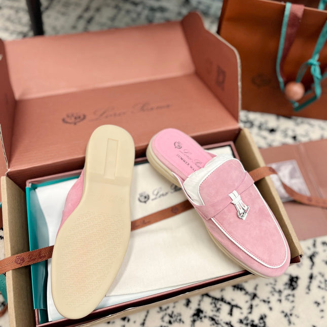 Loro Piana Pink Suede Charms Walk Flat Mules