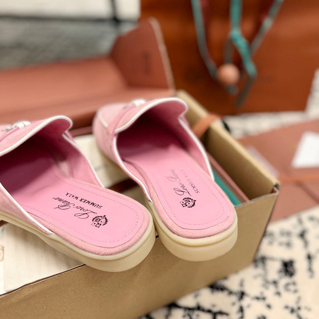 Loro Piana Pink Suede Charms Walk Flat Mules