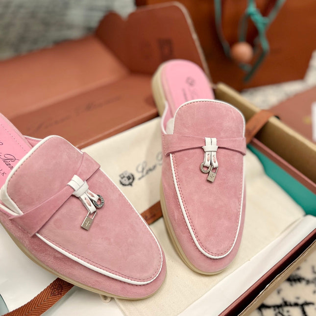 Loro Piana Pink Suede Charms Walk Flat Mules