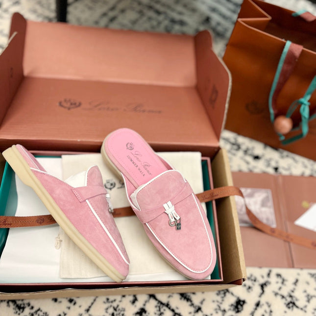 Loro Piana Pink Suede Charms Walk Flat Mules
