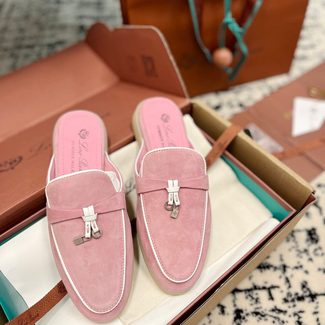 Loro Piana Pink Suede Charms Walk Flat Mules