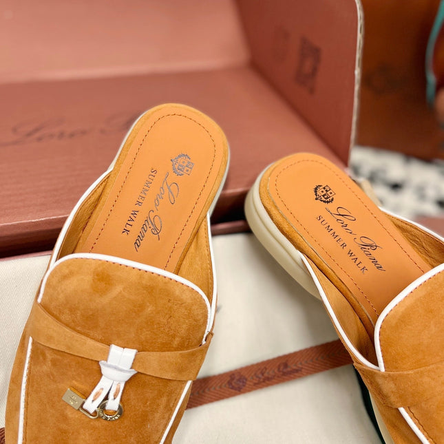 Loro Piana Salmon White Suede Charms Walk Flat Mules