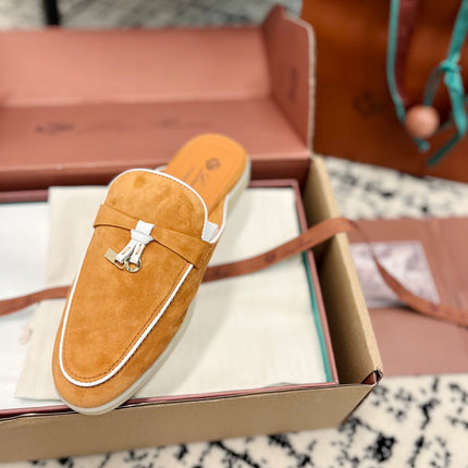 Loro Piana Salmon White Suede Charms Walk Flat Mules