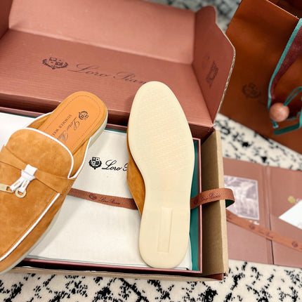 Loro Piana Salmon White Suede Charms Walk Flat Mules