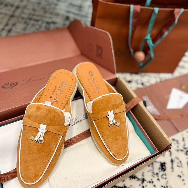 Loro Piana Salmon White Suede Charms Walk Flat Mules