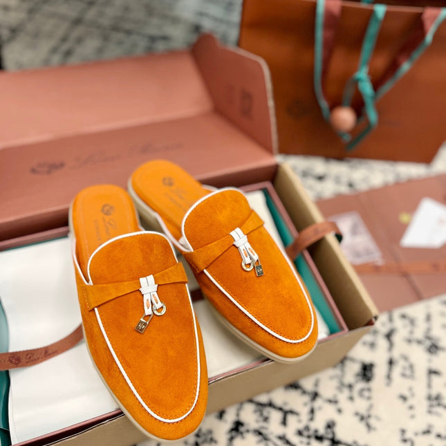 Loro Piana Carrot White Suede Charms Walk Flat Mules
