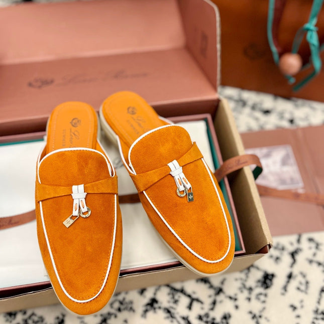 Loro Piana Carrot White Suede Charms Walk Flat Mules