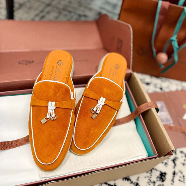 Loro Piana Carrot White Suede Charms Walk Flat Mules