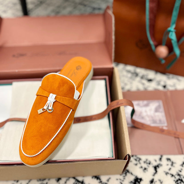 Loro Piana Carrot White Suede Charms Walk Flat Mules