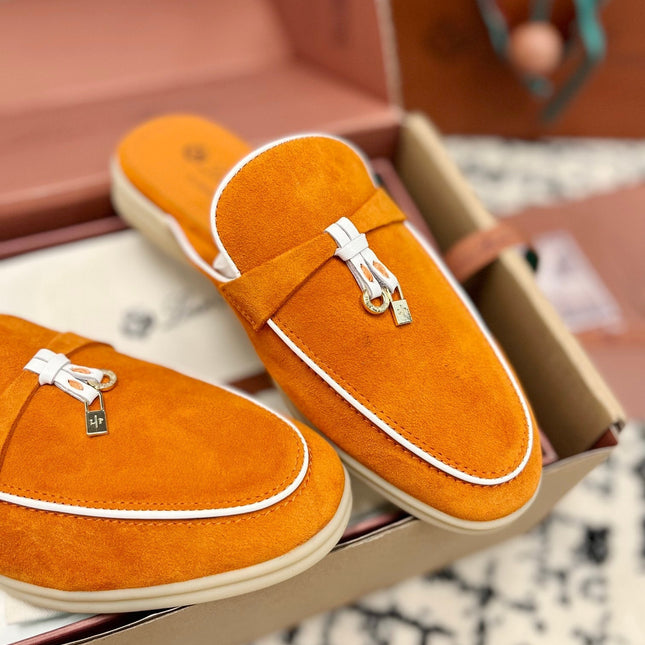 Loro Piana Carrot White Suede Charms Walk Flat Mules