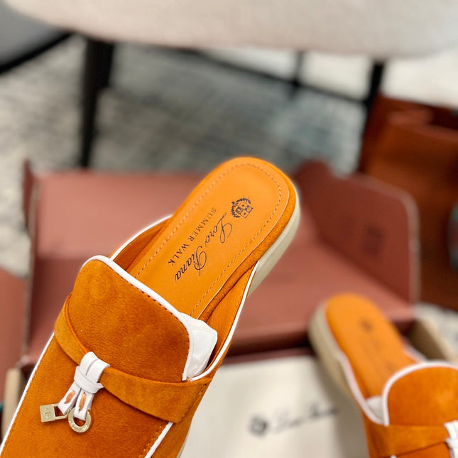 Loro Piana Carrot White Suede Charms Walk Flat Mules