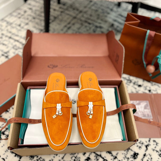 Loro Piana Carrot White Suede Charms Walk Flat Mules