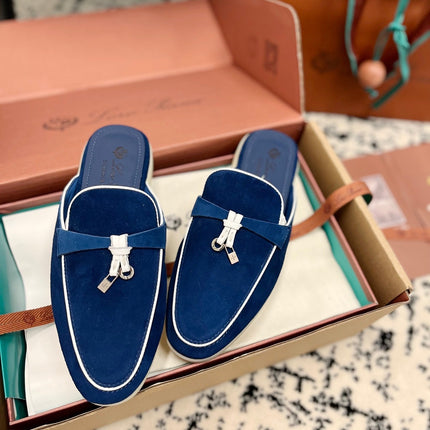 Loro Piana Dark Blue White Suede Charms Walk Flat Mules