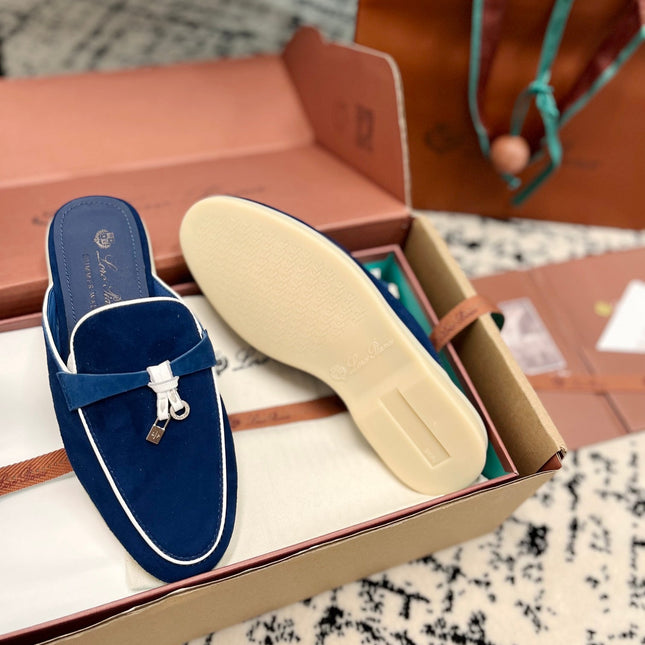 Loro Piana Dark Blue White Suede Charms Walk Flat Mules