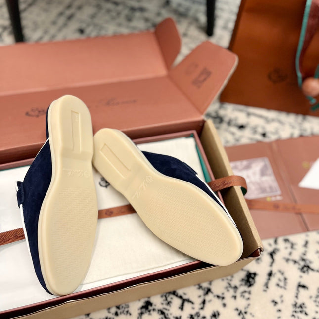Loro Piana Navy White Suede Charms Walk Flat Mules