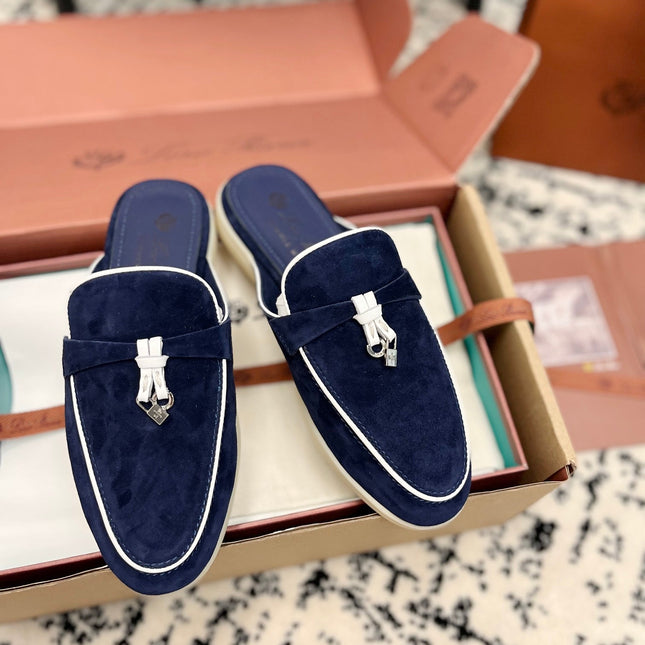Loro Piana Navy White Suede Charms Walk Flat Mules