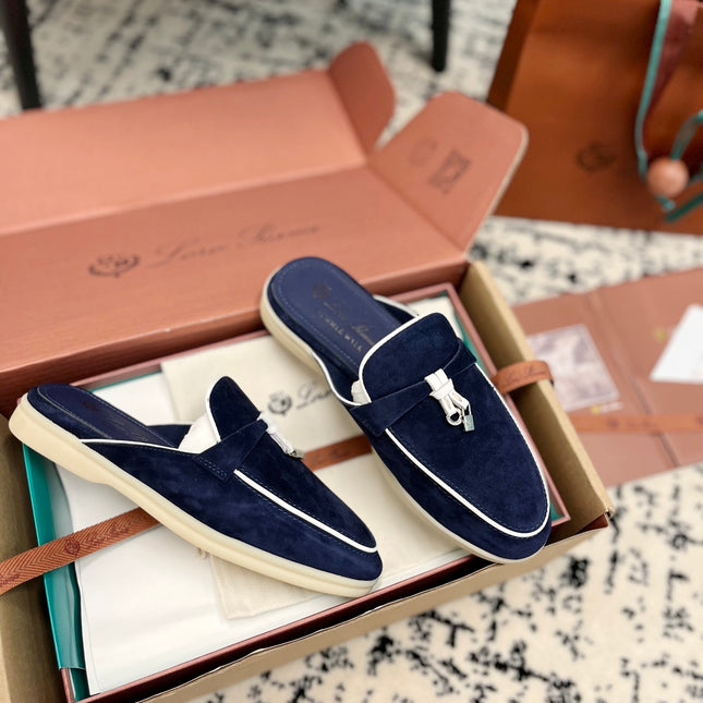 Loro Piana Navy White Suede Charms Walk Flat Mules