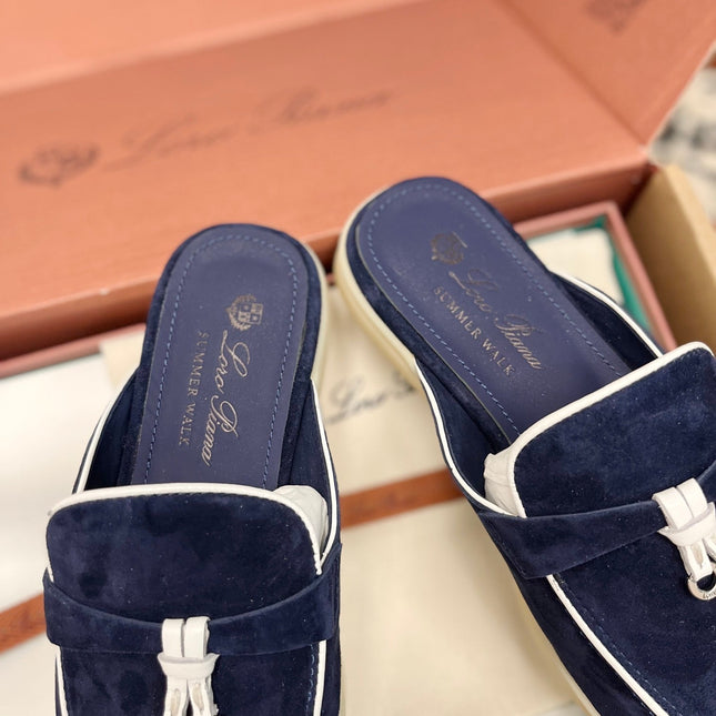 Loro Piana Navy White Suede Charms Walk Flat Mules
