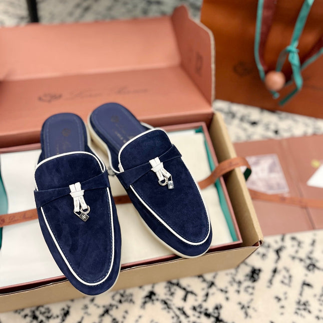 Loro Piana Navy White Suede Charms Walk Flat Mules