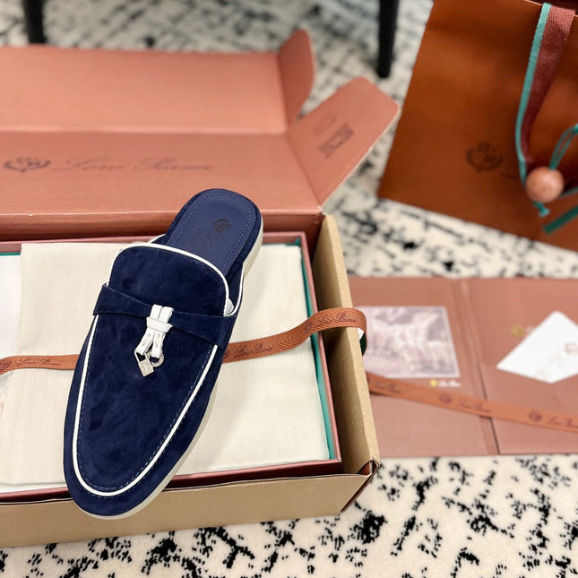 Loro Piana Navy White Suede Charms Walk Flat Mules