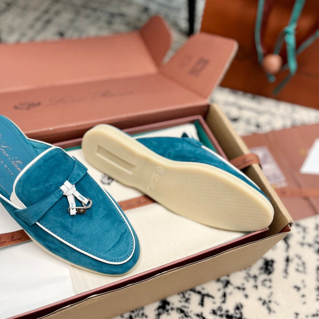 Loro Piana Ocean Blue White Suede Charms Walk Flat Mules