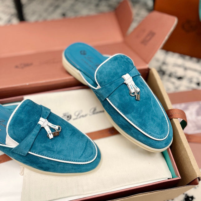 Loro Piana Ocean Blue White Suede Charms Walk Flat Mules