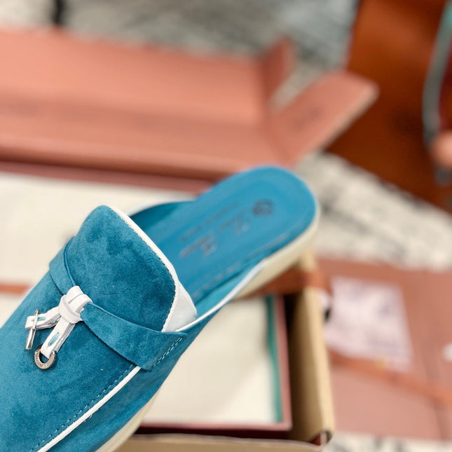 Loro Piana Ocean Blue White Suede Charms Walk Flat Mules