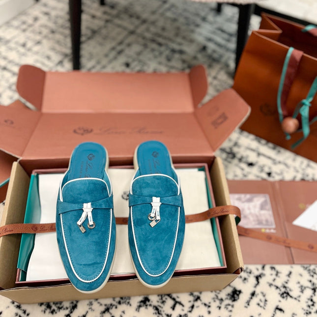 Loro Piana Ocean Blue White Suede Charms Walk Flat Mules
