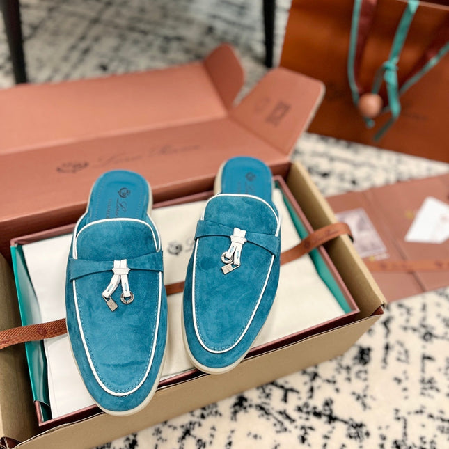 Loro Piana Ocean Blue White Suede Charms Walk Flat Mules