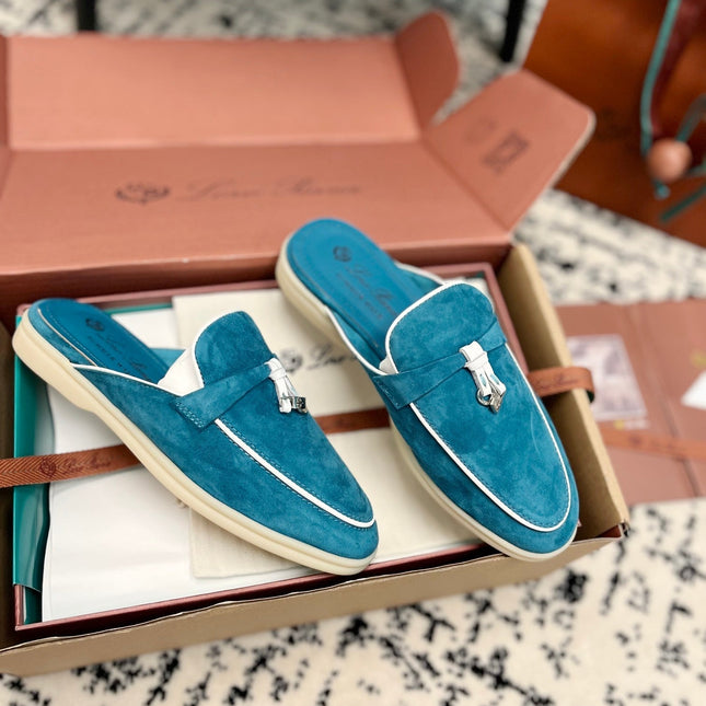 Loro Piana Ocean Blue White Suede Charms Walk Flat Mules