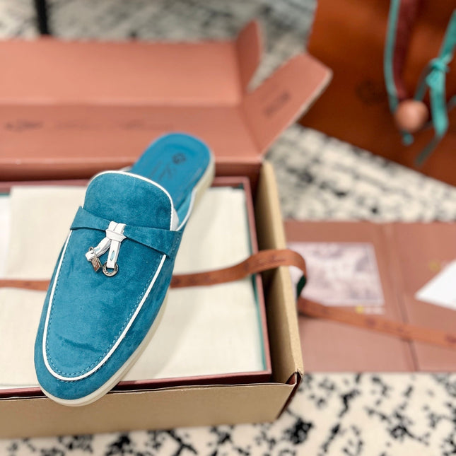 Loro Piana Ocean Blue White Suede Charms Walk Flat Mules