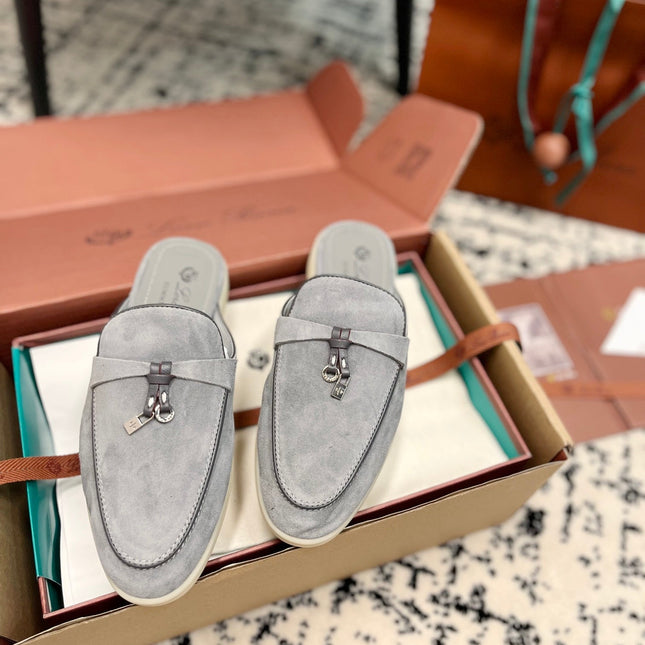 Loro Piana Grey Black Suede Charms Walk Flat Mules