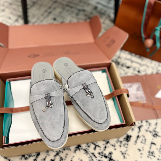 Loro Piana Grey Black Suede Charms Walk Flat Mules