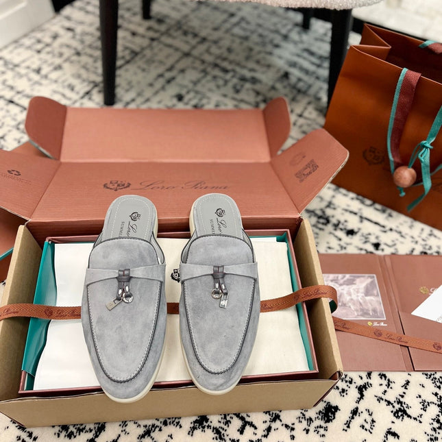 Loro Piana Grey Black Suede Charms Walk Flat Mules