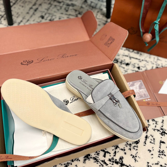 Loro Piana Grey Black Suede Charms Walk Flat Mules