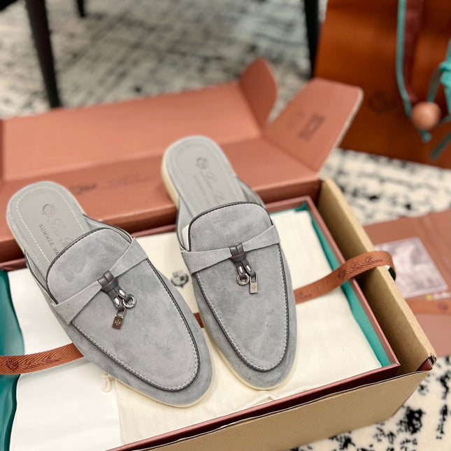 Loro Piana Grey Black Suede Charms Walk Flat Mules