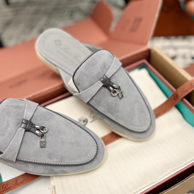 Loro Piana Grey Black Suede Charms Walk Flat Mules