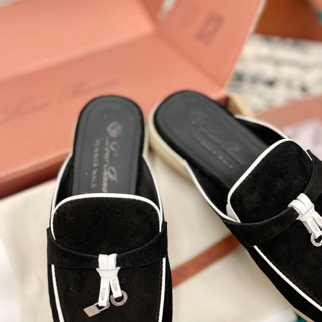 Loro Piana Black White Suede Charms Walk Flat Mules