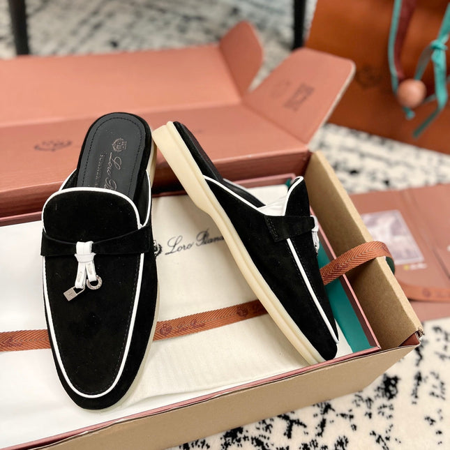 Loro Piana Black White Suede Charms Walk Flat Mules