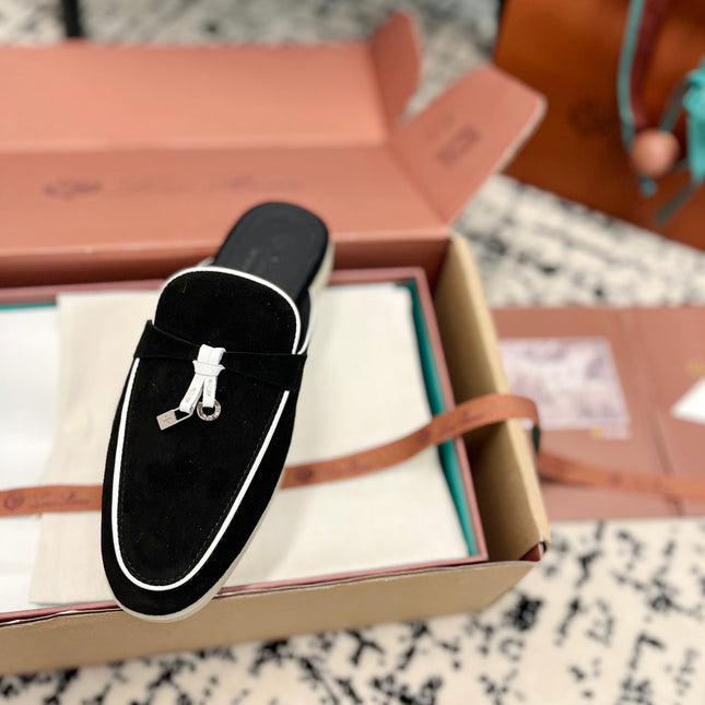 Loro Piana Black White Suede Charms Walk Flat Mules