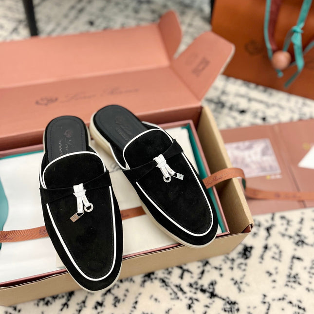 Loro Piana Black White Suede Charms Walk Flat Mules