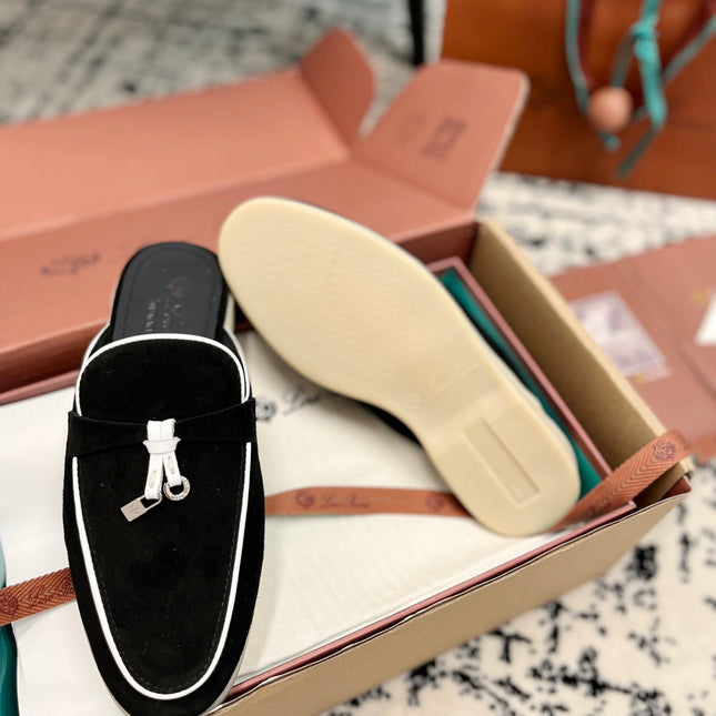 Loro Piana Black White Suede Charms Walk Flat Mules